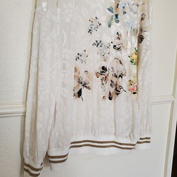 Desigual Women's XL Off-White Burnout Velvet Floral Sheer Top Gold Trim Pullover - Picture 5 of 15